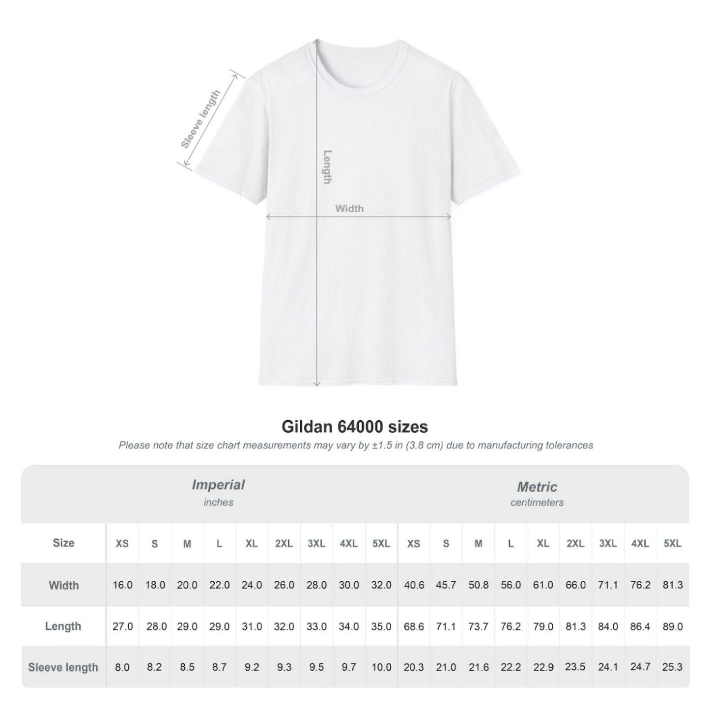 Size chart for Fright Factory NOLA t-shirts showing chest and length measurements for sizes S to 3XL. Found in The Fright Factory New Orleans.
