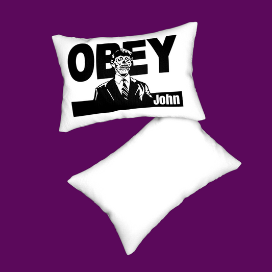 They Live 'Obey' personalized white horror decor pillow by The Fright Factory New orleans