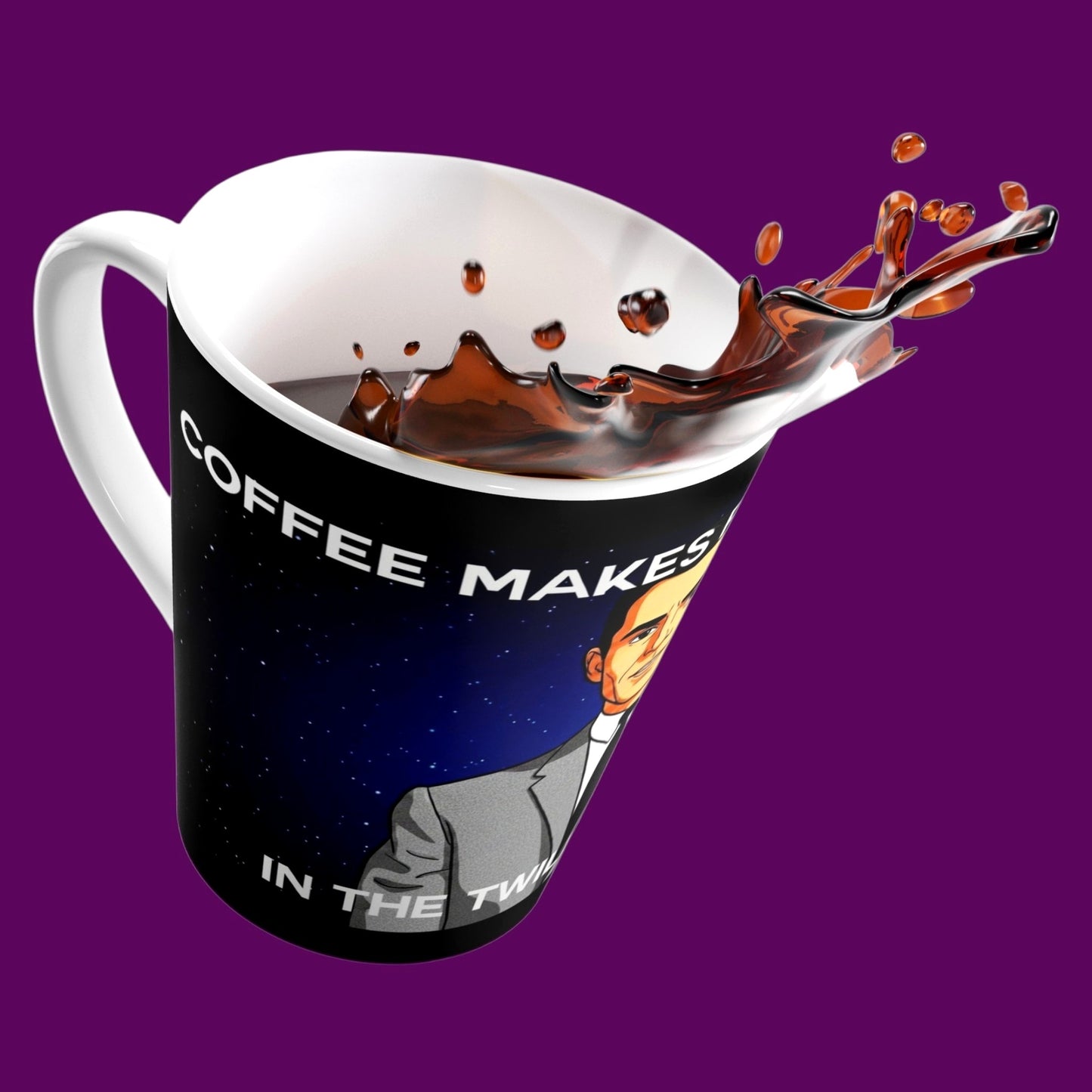 Custom ceramic coffee mug featuring a custom retro graphic portrait of Rod Serling from The Twilight Zone set against a cosmic starry background. Custom personalized pop culture gift by The Fright Factory, New Orleans.