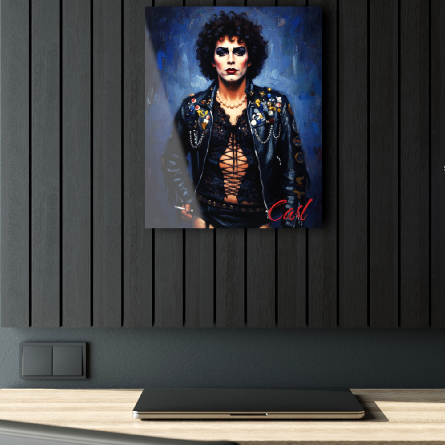 A custom acrylic art piece depicting Dr. Frank-N-Furter in all his glory. The UV-resistant printing captures the 'mad scientist' vibe with vivid clarity and a professional custom design. From The Fright Factory New Orleans.