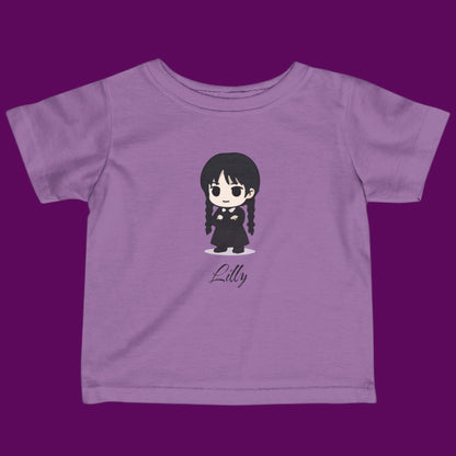 Custom Chibi Wednesday Addams inspired goth girl graphic with a personalized name on a purple kids t-shirt. Available in The Fright Factory New Orleans gift shop.