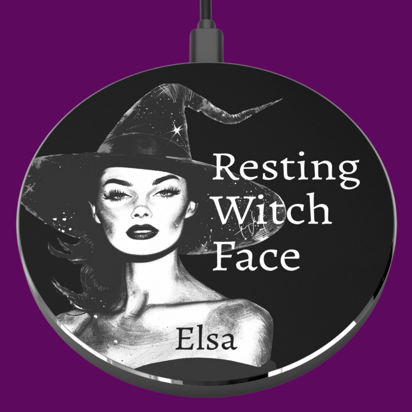 A sleek, circular wireless phone charger featuring the text 'Resting Witch Face' in a spooky font, featuring a custom vintage beauty witch graphic and a glossy finish.