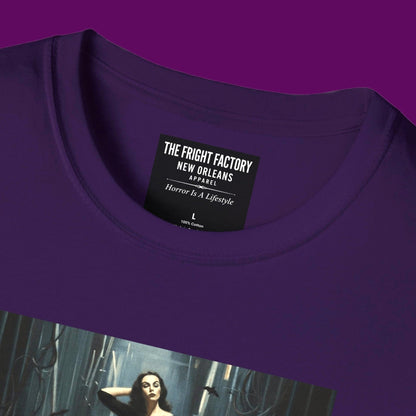 Closeup view of a custom Vampira Horror Shirt in purple, featuring the Queen of the Ghouls graphic print. Designed in The Fright Factory New Orleans. 