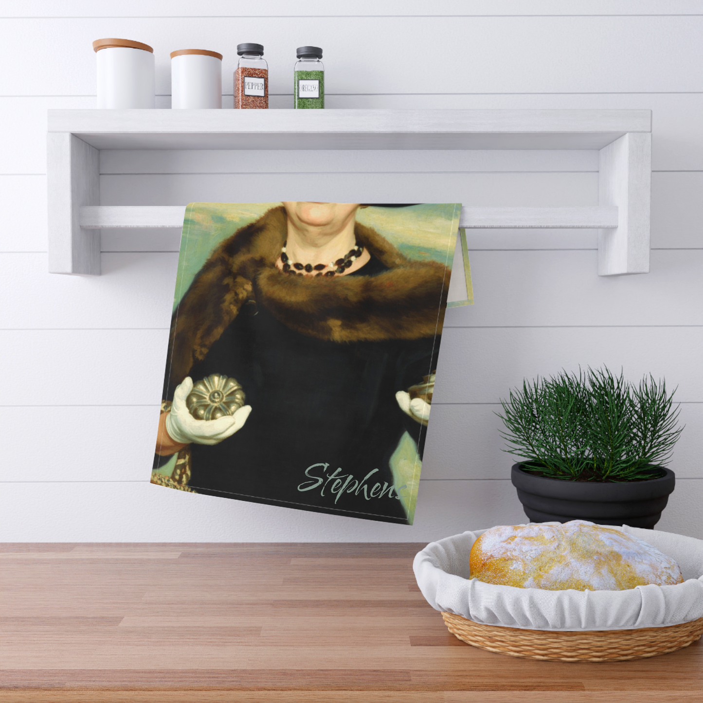 Custom etro horror-style personalized kitchen tea towel featuring a vintage illustration of Aunt Clara from Bewitched. Designed and available in The Fright Factory New Orleans horror gift shop.