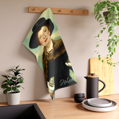 Personalized retro horror-style custom kitchen tea towel featuring a vintage illustration of Aunt Clara from Bewitched. Designed and available in The Fright Factory New Orleans horror gift shop