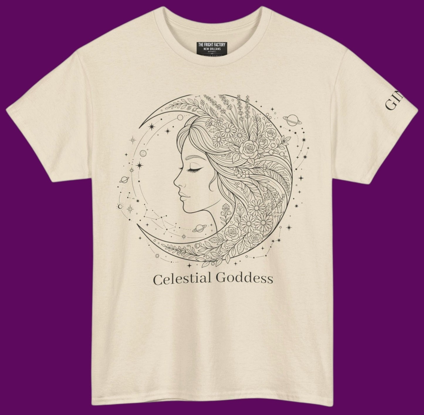 Personalized Celestial Goddess crescent moon graphic line art printed on a sand color t-shirt from The Fright Factory New Orleans gift shop.