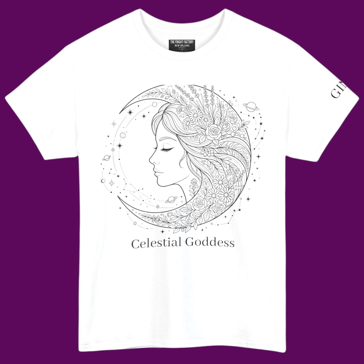 Personalized Celestial Goddess crescent moon graphic line art printed on a off white t-shirt from The Fright Factory New Orleans gift shop.