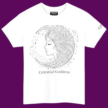 Personalized Celestial Goddess crescent moon graphic line art printed on a off white t-shirt from The Fright Factory New Orleans gift shop.