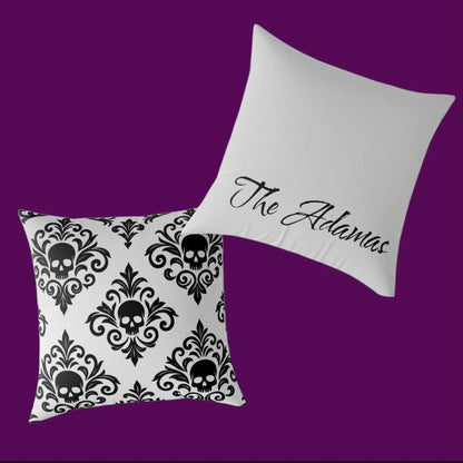 Gray and black personalized gothic skull damask square throw pillow designed in The Fright Factory New Orleans gift shop.