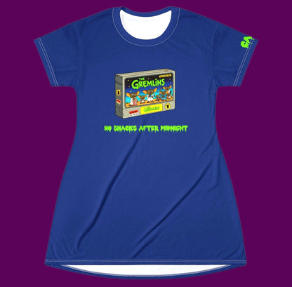 A custom blue No Snacks After Midnight Gremlin graphic nightshirt dress featuring a retro 1980s VHS tape illustration with cute Mogwai monsters on it. Sold in The Fright Factory New Orleans gift shop.