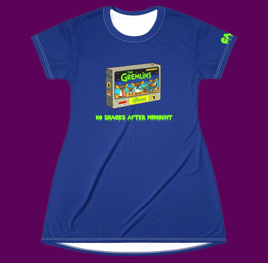 A custom blue No Snacks After Midnight Gremlin graphic nightshirt dress featuring a retro 1980s VHS tape illustration with cute Mogwai monsters on it. Sold in The Fright Factory New Orleans gift shop.