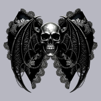 Closeup of a custom skull with lacy bat wings graphic designed in The Fright Factory New Orleans gift shop.