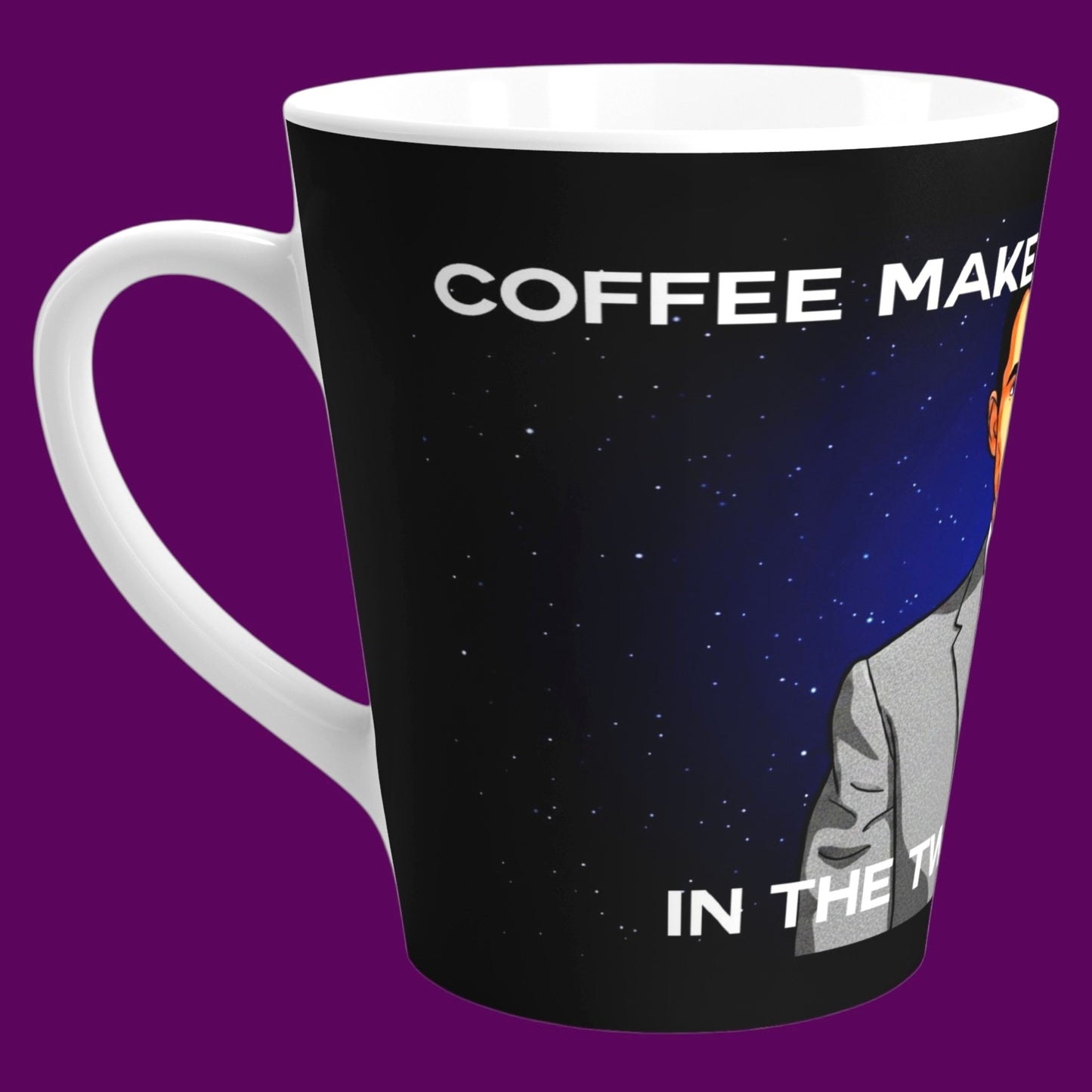 Black ceramic coffee mug featuring a retro graphic portrait of Rod Serling from The Twilight Zone set against a cosmic starry background. Custom personalized pop culture gift by The Fright Factory, New Orleans.