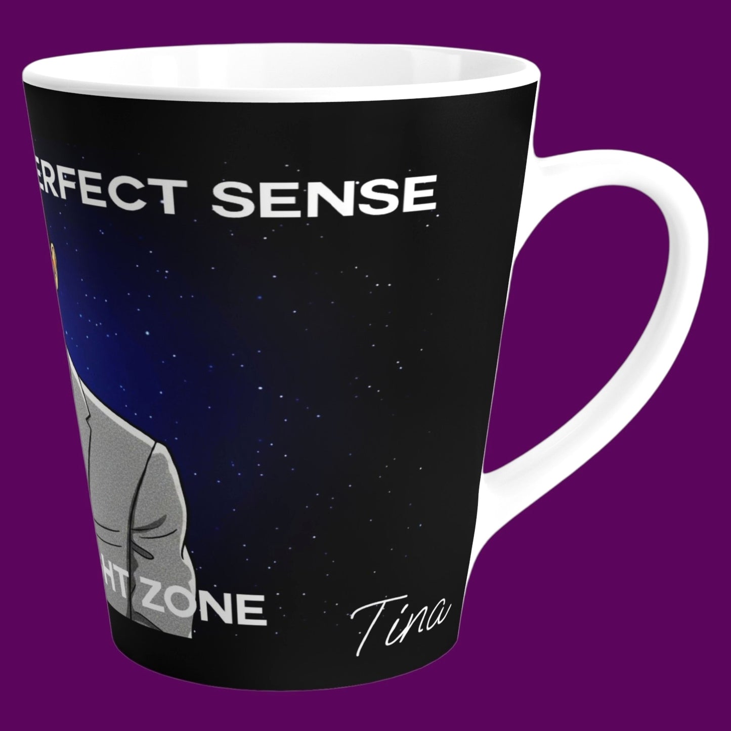 Black ceramic coffee mug featuring a retro graphic portrait of Rod Serling from The Twilight Zone set against a cosmic starry background. Custom personalized pop culture gift by The Fright Factory, NOLA.