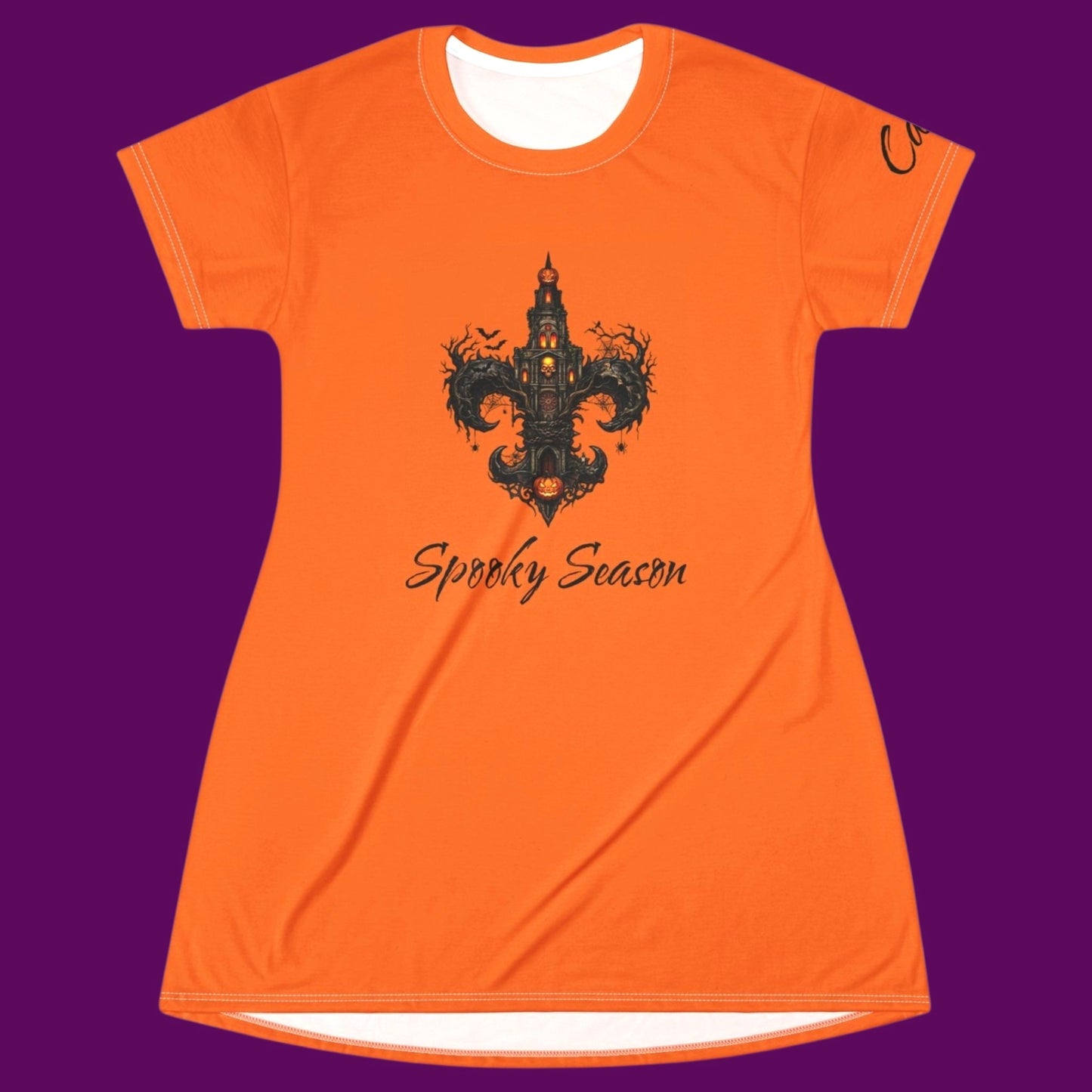 Oversized black gothic t-shirt dress styled as a sleep shirt, featuring a detailed alternative graphic with customized text, displayed against a clean background for The Fright Factory, NOLA.
